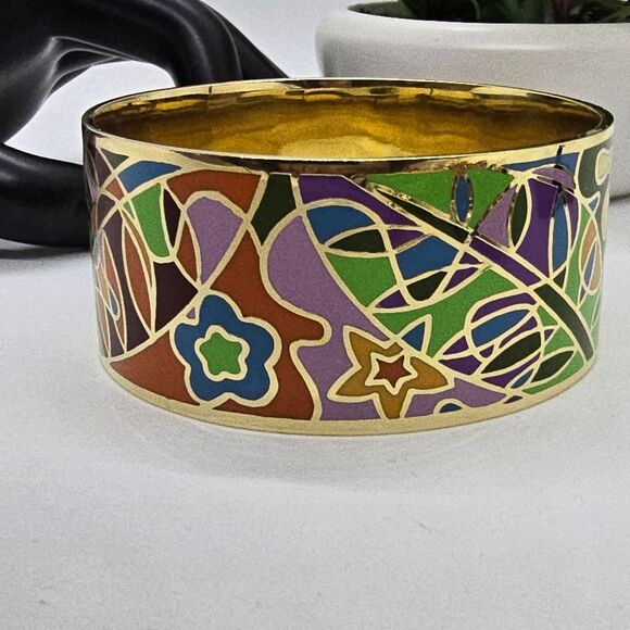 Beautiful GOLD-TONE Enamel Bangle Cuff Bracelet Vibrant Colors. - Picture 5 of 7